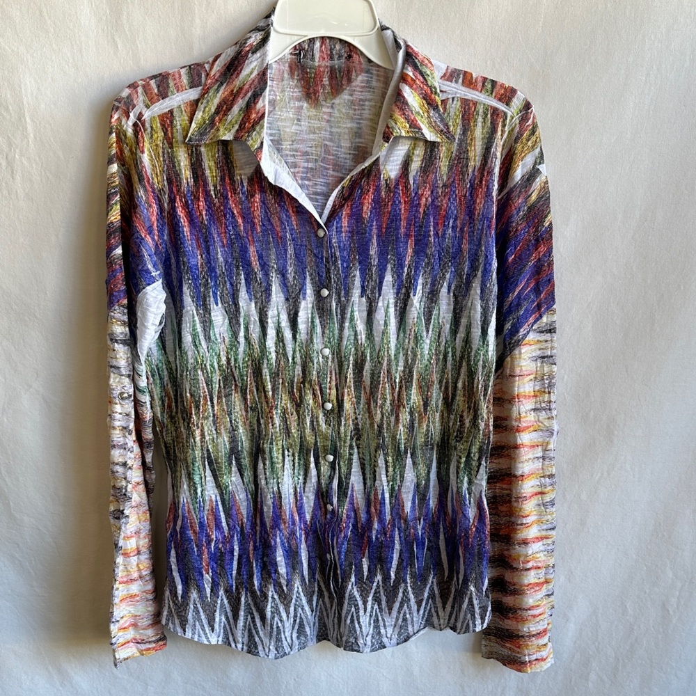 David Cline crushed long sleeve snap front chevron print shirt, size M